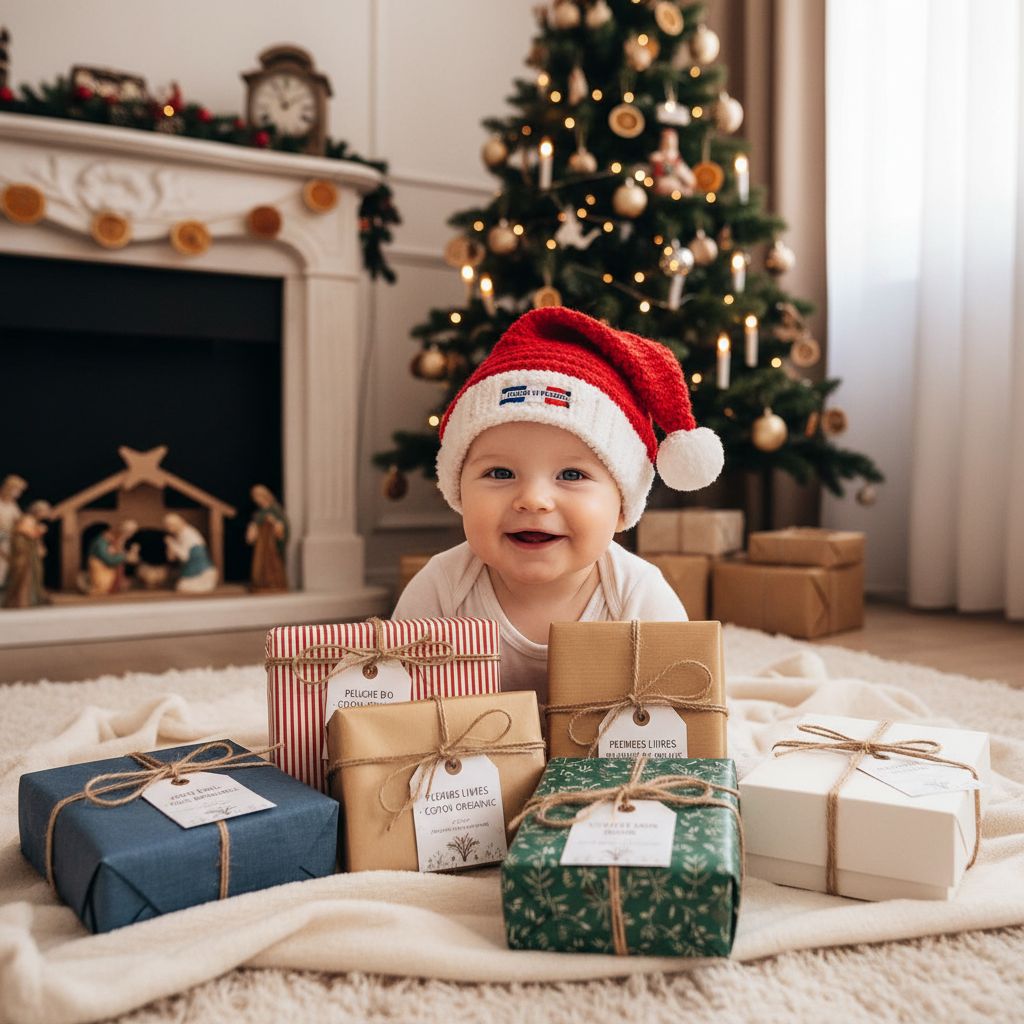 Generate a high-quality, relevant image prompt for an article about: 1er Noël de bébé : 5 cadeaux
